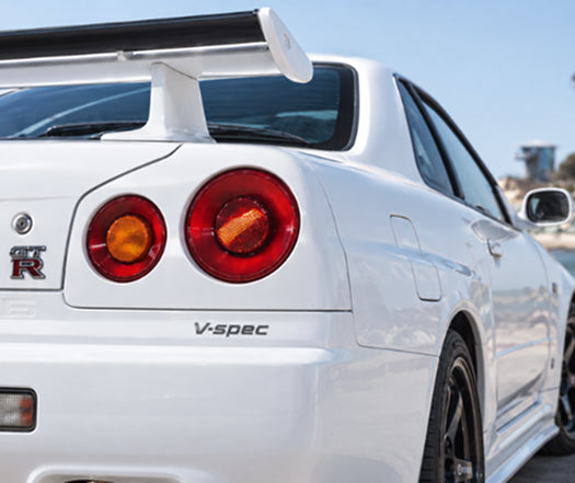 Rear of a white 1999 Nissan Skyline GT-R V-Spec