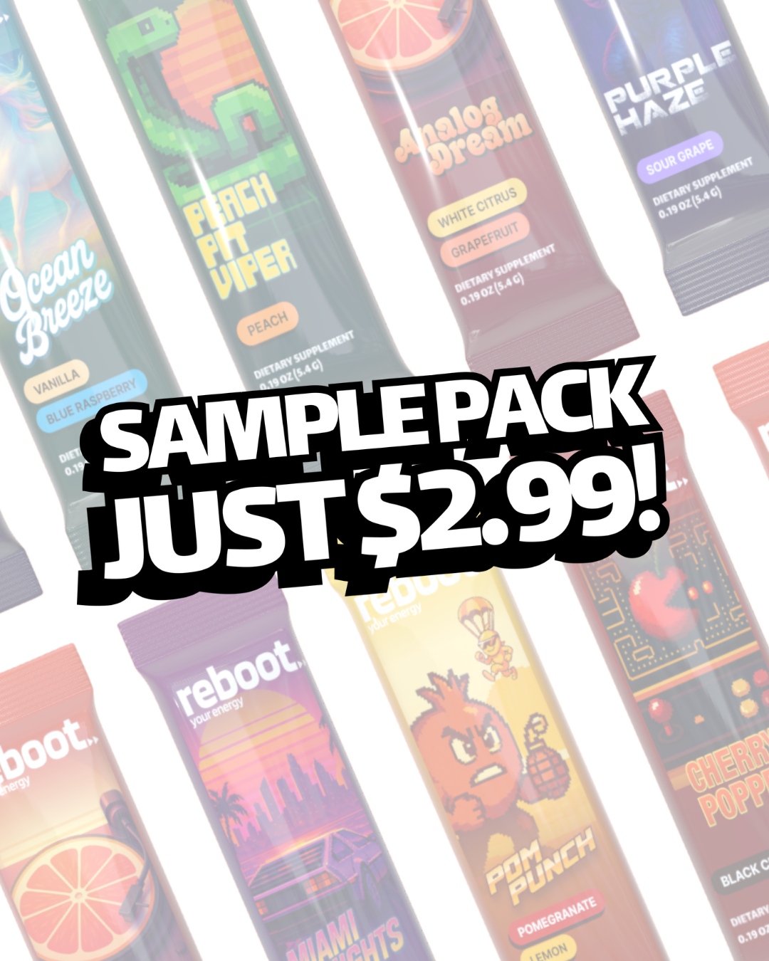 Assorted sample packs with colorful packaging and promotional text.